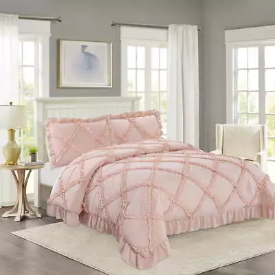 3 Pieces Peach Ruffle Comforter Set 1 Comforter With 2 Pillow Shams Queen • $25.92