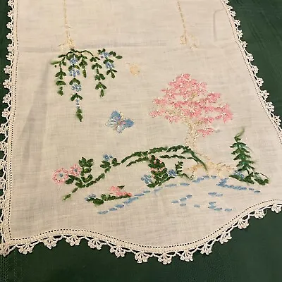Vintage Hand Embroidered Linen Dresser Scarf Floral Garden 12  X 42  • $10.50