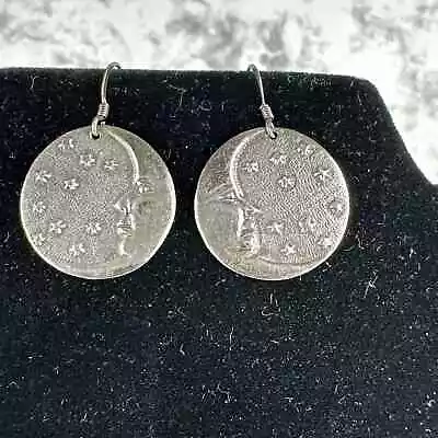 Vintage Sterling Silver Dangle Earrings Man In The Moon Moonface Stars Crescent • $102.49