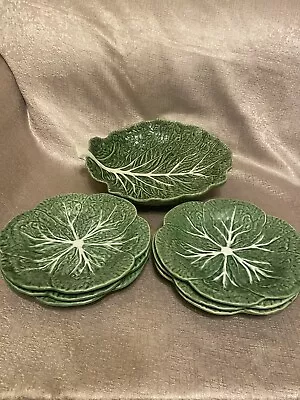 Rare Bordallo Pinheiro Majolica Pottery Cabbage Leaf Plates X 6 & Serving Bowl • £199.99