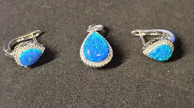 Blue Fire Opal  3 Piece Set 925 Sterling Silver Jewelry Earrings Pendants 1600 • $30