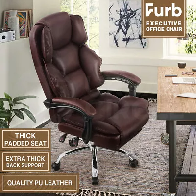 Furb Executive Office Chair PU Leather Thick Back Support Padded Seat Brown • $164.95