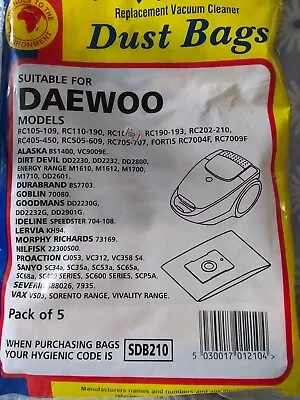 5x DAEWOO Vacuum Cleaner Bags VCB005 Type - Fortis Range RC707D SDB210  • £5.30