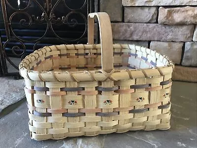 Hand Made Woven Basket With Handle Vintage Signed Wooden Decor Storage Pastels • $20