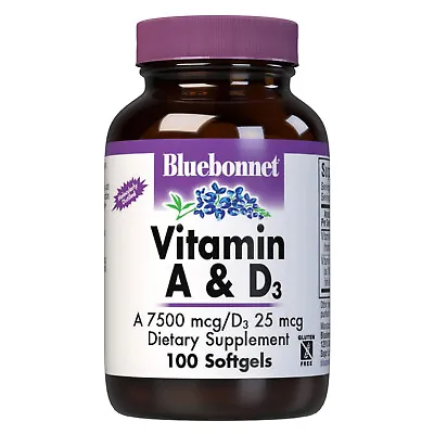 Bluebonnet Vitamin A & D3 750 Mcg (25000 IU)/25 Mcg (1000 IU) 100 Softgels • $15.34