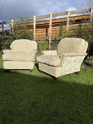 Pair Of Antique Howard Style Modern Traditional Gold Blue Fabric Armchairs • £495