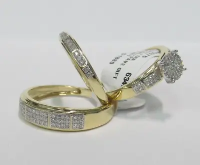 10k Yellow  Gold Diamonds Trio Wedding Set 3 Rings  (bin#8) Micro Pave • $799