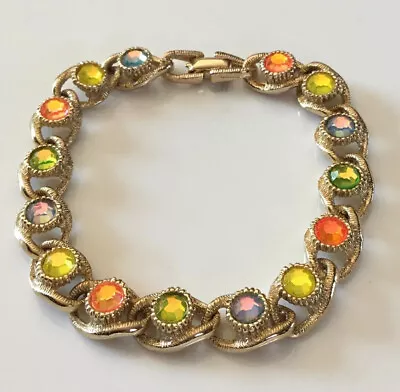 Vintage Sarah Coventry Gold Tone Multicolored Glass Stones Bracelet 7.5  • $49.99