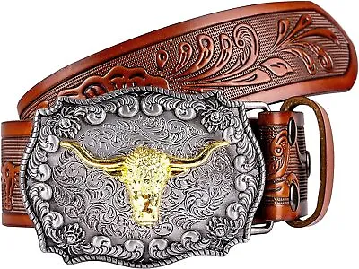 Men's Western Cowboy Leather Buckle Belts With Longhorn Bull Head Belt Buckle  • £19.86