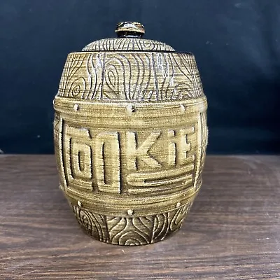 Vintage Monmouth Pottery Western Stoneware Wood Grain BARREL Cookie Jar • $25