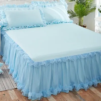 Bed Skirt Pillowcases Set Lace Ruffle Deep Drop Bedspread Sheet Beddings 3PCS • £48.88