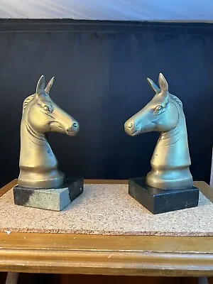 Brass Horse Head Book Ends On Marble Base 7” Tall • $45