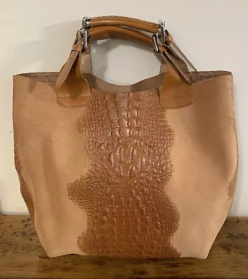 Vera Pelle Genuine Leather & Suede Croc Embossed Shoulder Bag Tote Made In Italy • $39.99