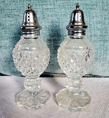 VINTAGE Diamond Cut Footed CRYSTAL CUT GLASS  5  SALT & PEPPER SHAKER SET • $20