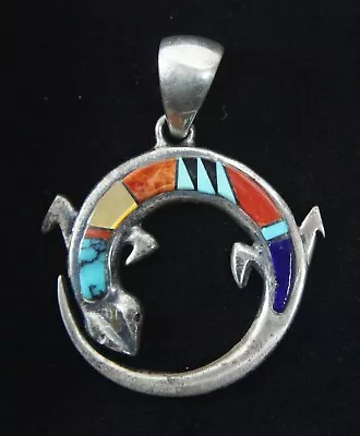 Vintage BG Mudd Corrales Lizard Pendant 925 Sterling Silver Southwestern Inlay • $50