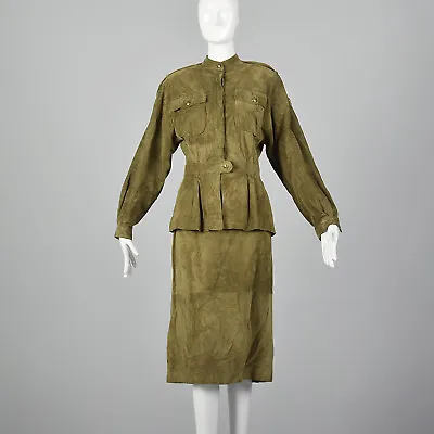 Medium 1980s Safari Style Skirt Suit Long Sleeve Jacket Pockets VTG Green Suede • $600.09