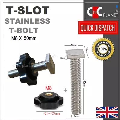 T Slot M8 X 50mm T Bolt Thumb Knob Mitre T Slot Track Thin Head Stainless Screw • £4.15