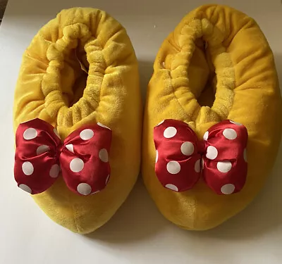 DISNEY PARKS Yellow Red Polka Dot Bow MINNIE MOUSE SLIPPER Adult M PLUSH ￼ • $35