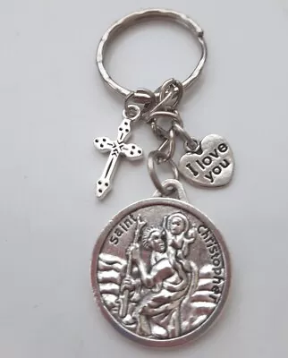 Patron Saint Christopher Silver Plated Pendant I Love You Heart Charms Keyring  • £4.50