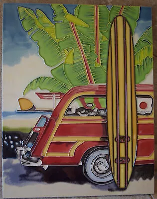 Vtg Surfing LONGBOARD WOODIE Ceramic TILE 11  X 14  Evelyn Jenkins Drew AUTO Car • $31.99