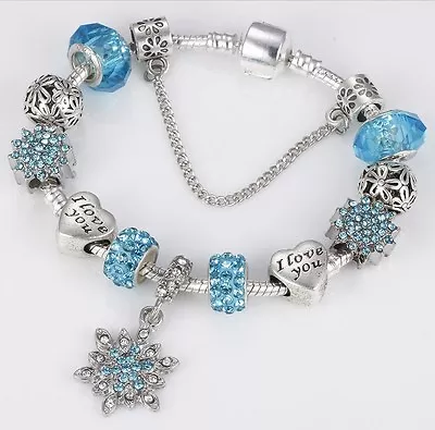 I Love You Silver Snowflake Bracelet Charm Sliding Beads Bells Blue Crystal BN • $9.95