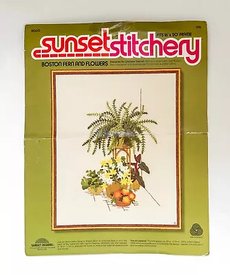 Vintage Crewel Embroidery Kit 16x20 Boston Fern And Flowers Sunset Stitchery EUC • $19
