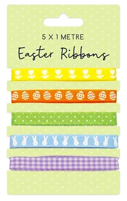 5 X Easter 1mt Ribbons Bows Eggs Chicks Bunny Carrot Art & Craft Gift Wrap Decor • £3.29