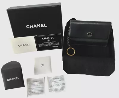 Chanel Black Leather Card Case Mini Wallet With Coco Mark Box And Accessories • $159.80