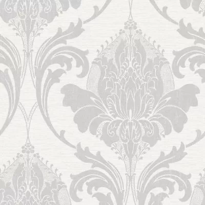 Silver Grey Damask Wallpaper Modern Metallic Zahra Linen Sheen Effect Crown • £11.99