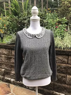 J Crew Gray Herringbone Peter Pan Collar Jewel Merino Wool Sweater XS • $16.80