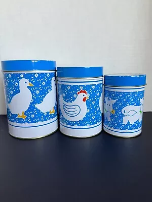 Vintage Country Farm Kitchen Nesting Tin Canister Set Duck Chicken Cow  • $25.99