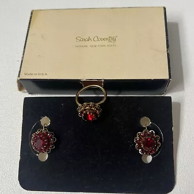 Vtg Sarah Coventry Set Ring + Earrings Red Stone Flower With Box Set Lot Antique • $55