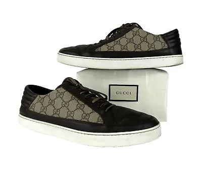 GUCCI Auth Men 10.5 US 10 UK 44 EU Brown Leather GG Canvas Sneakers Shoes • $227