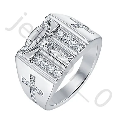 1 Ctw Simulated Diamond 14k White Gold Over Crystal Cross Jesus Men's Ring • $93.49