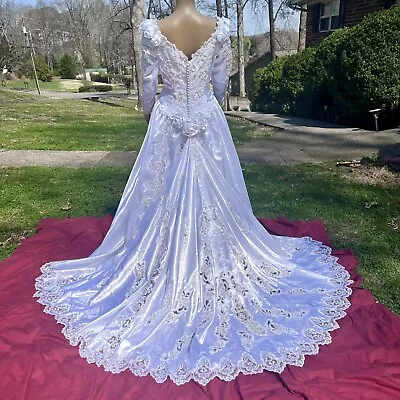 Mori Lee 1990’s Poly/Satin Wedding Dress Size 10 Lace Beads Sequins Long Train • $230