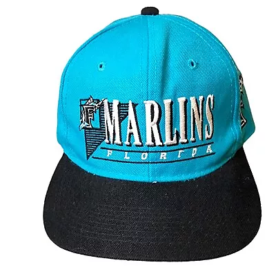 Rare Vintage 90s Florida Marlins Plain Logo MLB Youngan Snapback Teal Black Hat • $87