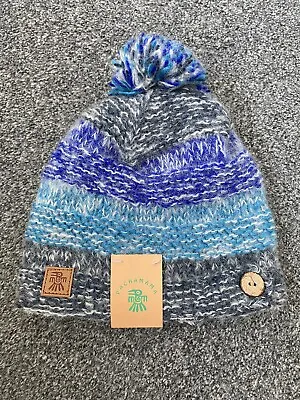 Pachamama Sierra Nevada Bobble Pom Pom Beanie Hat Wool Mohair Blue Grey Striped • £19