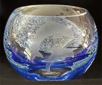 Lenox Etched Glass Swirled Cobalt Blue Dolphins Round Bowl/Dish/Vase • $15