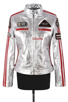 £139.99 • Buy Womens SIZMA Gold/Silver Foiled Leather Jacket Retro Biker Racer Style Jessica