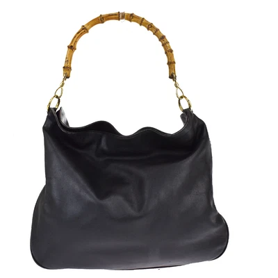 $75.60 • Buy GUCCI Logo Bamboo Shoulder Bag Leather Black Gold-Plated Made In Italy 01MI906