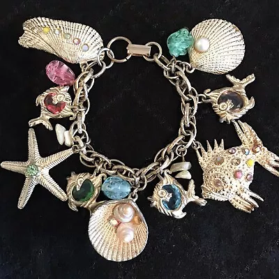 Vintage Sea Life Gold Tone Charm Bracelet Jeweled Fish Seashells Starfish Charms • $50