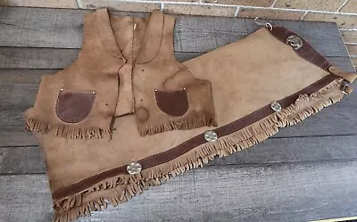 Vintage 1950's Child's Cowboy Western Wear Leather Suede Vest And Chaps Size 10 • $45