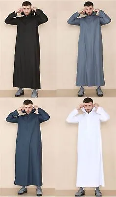 Mens Hooded Thobe Jubba Stand Collar Islamic Clothing Muslim Kaftan Robe Saudi • £34.99