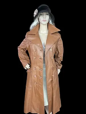 Vintage Cognac Genuine Leather Belted Trench Spy Gangster Coat M Double Breasted • $99.99
