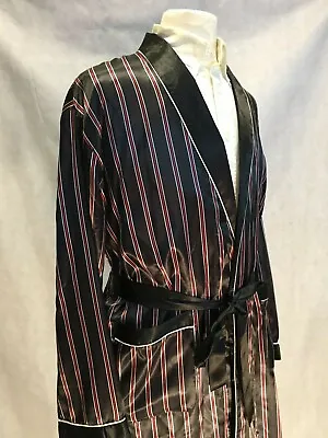 Mens Silk Satin Robe -       Black Burgundy White Stripe  '' 5 Day Delivery '' • $24.99