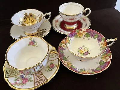 Four Pristine!  Bone China  Tea Cups & Saucers  Vintage  Decorative English • $44