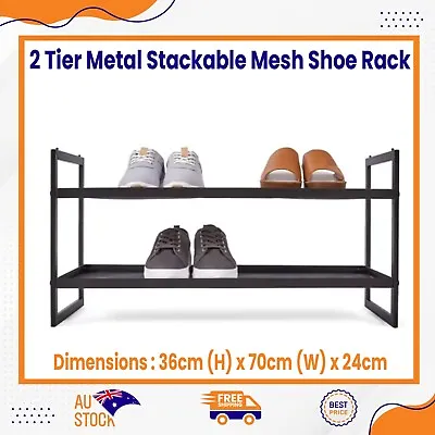 $25.39 • Buy 2 Tier Stackable Shoe Rack Black Metal Storage Home Shoe Organiser Shelf Holder 