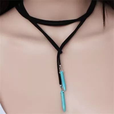 Bohemian Style Leather Sweater Chain Necklace For Women Turquoise Stone Pendant • $14.67