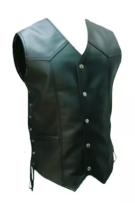 Mens Biker Style Vest Real Cow Leather All Black Motorcycle Waistcoat • £64.99