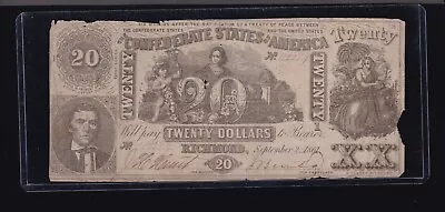US CSA T-20 1861 $20 Confederate Currency Note W/ Cut Cancel VF (189) • $69.95
